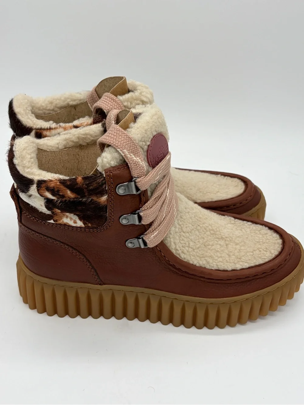 Sam Edelman Brown & Cream Shearling Platform Lace-Up Boots